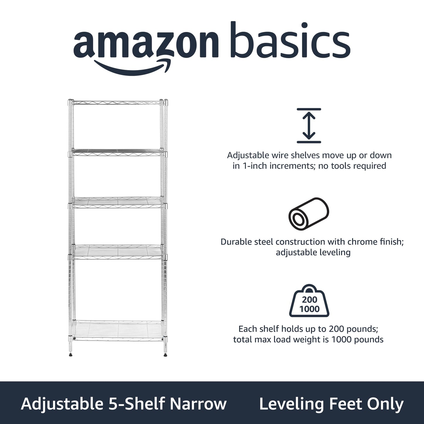 Amazon Basics 3-Shelf Adjustable Heavy Duty Steel Wire Rack Storage Shelving Organizer for Kitchen, Garage, 23.2" L x 13.4" W x 30" H, Black