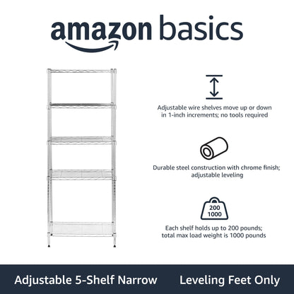 Amazon Basics 3-Shelf Adjustable Heavy Duty Steel Wire Rack Storage Shelving Organizer for Kitchen, Garage, 23.2" L x 13.4" W x 30" H, Black