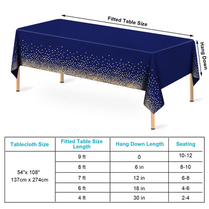 2 Pcs Navy Blue and Gold Plastic Tablecloth for Rectangle Table, 54 × 108 inches Disposable Gold Dot Dark Blue Party Table Covers for Anniversary, Wedding, Fine Dining, Graduation Party Decoration