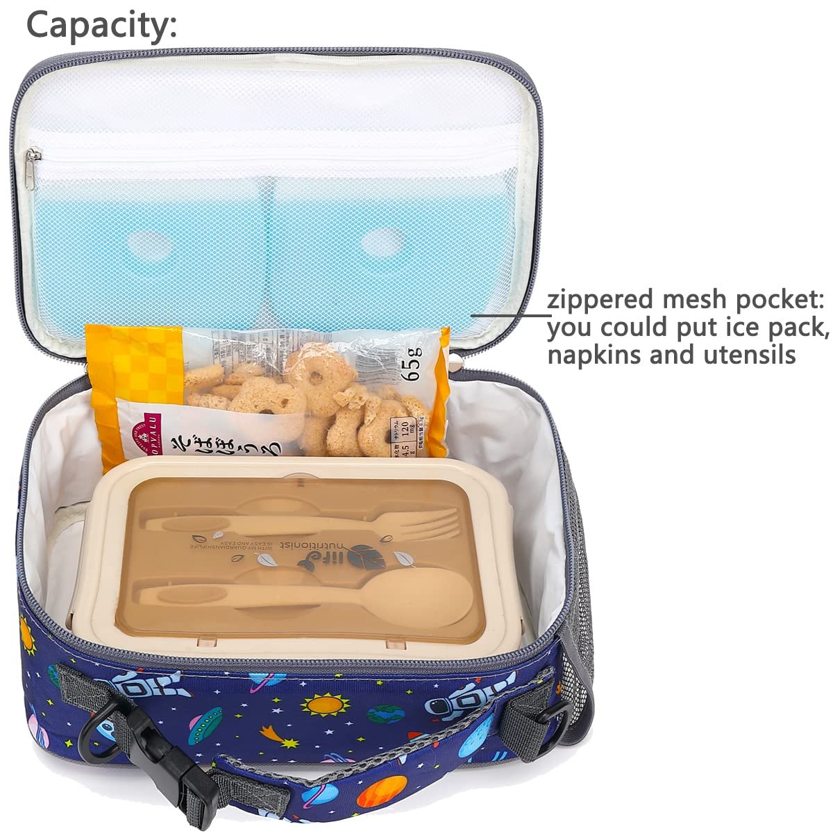 FlowFly Kids Lunch Bag, Durable Insulated School Lunch Box with Shoulder Strap and Bottle Holder, Water-resistant Thermal Small Lunch Cooler Tote for Teen Boys & Girls,Astronaut