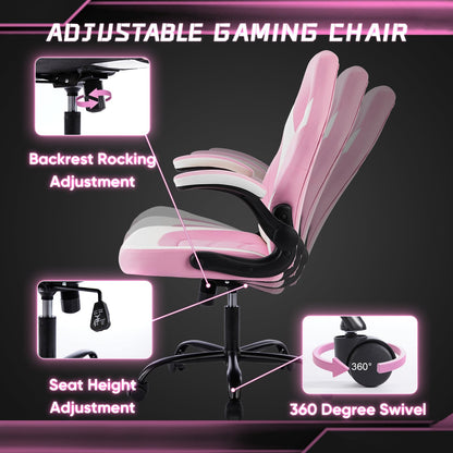 Gaming Ergonomic Office Chair for Adults, Height Adjustable Computer Desk Chair with Flip-up Armrests, PU Leather Swivel Video Game Chair with 360° Rolling Wheels, Pink