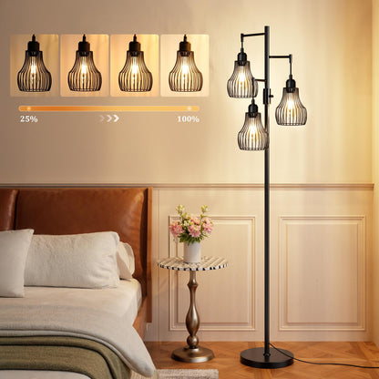 Dimmable Floor Lamp, 3 x 800LM LED Edison Bulbs Included, Farmhouse Industrial Floor Lamp Standing Tree Lamp with Elegant Cage Tall Lamps for Living Room Bedroom Office - Black