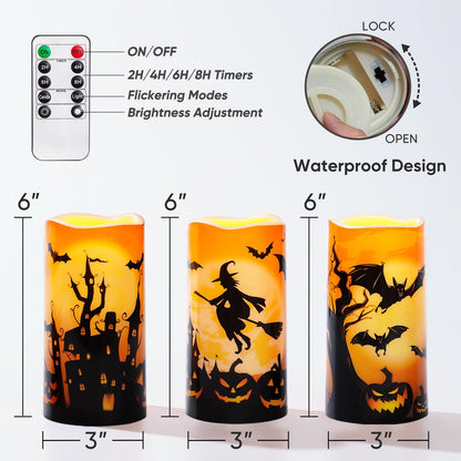 Homemory Halloween Candles, Orange Flameless Candles, Outrdoor Waterproof Battery Operated LED Pillar Candles with Remote Timers for Halloween Decoration, 3”x6”, Set of 3