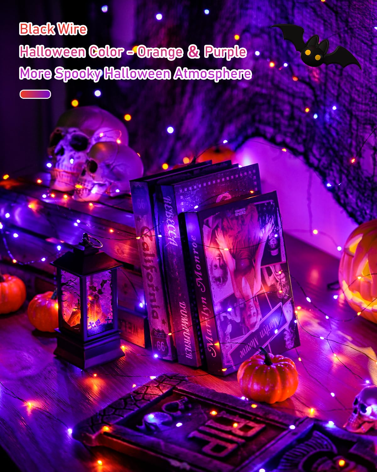 JMEXSUSS 2 Pack Solar Halloween Lights Outdoor Waterproof, Total 66FT 200 LED Orange and Purple Halloween Lights, 8 Mode Black Wire Solar Fairy String Light for Outside Yard Spooky Party Decorations