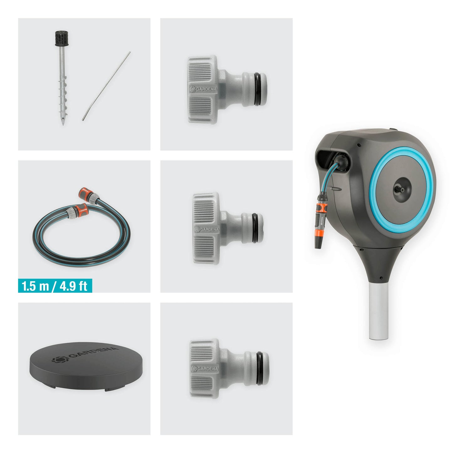 GARDENA 18614-80 | 66' x 1/2" Automatic Retractable Garden Hose Reel on Metal Spike, Outside Garden Hose with 360° swivel Rotation to Reach All Areas of Your Yard. Relocate Hose Reel Easily