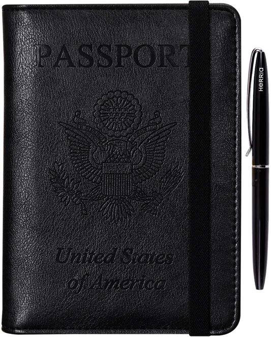 HerriaT Leather Passport Holder Cover Case RFID Blocking Travel Wallets Card Case for Women Men(Black)