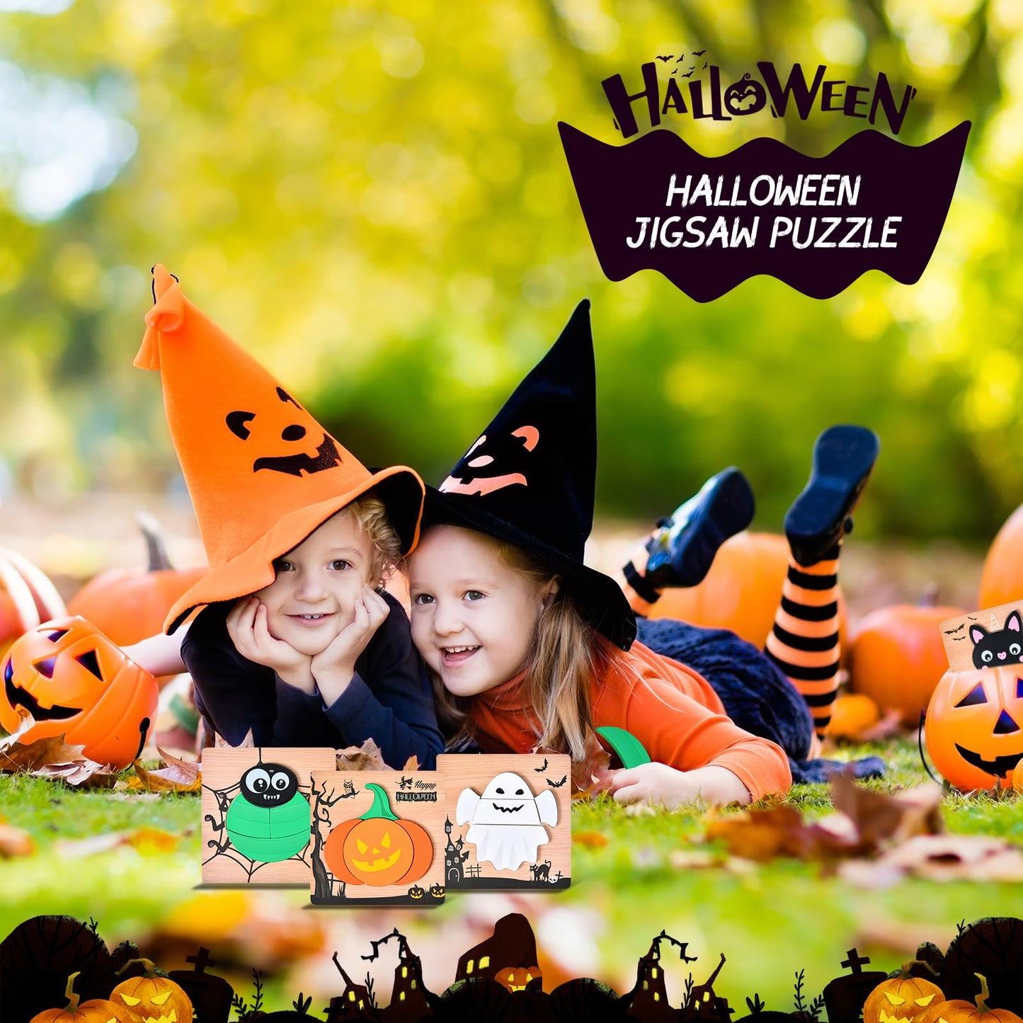 4 Pack Halloween Wooden Puzzles for Kids Toddlers Jigsaw Puzzles Halloween Toys for Halloween Party Favors Treat Bag Prizes