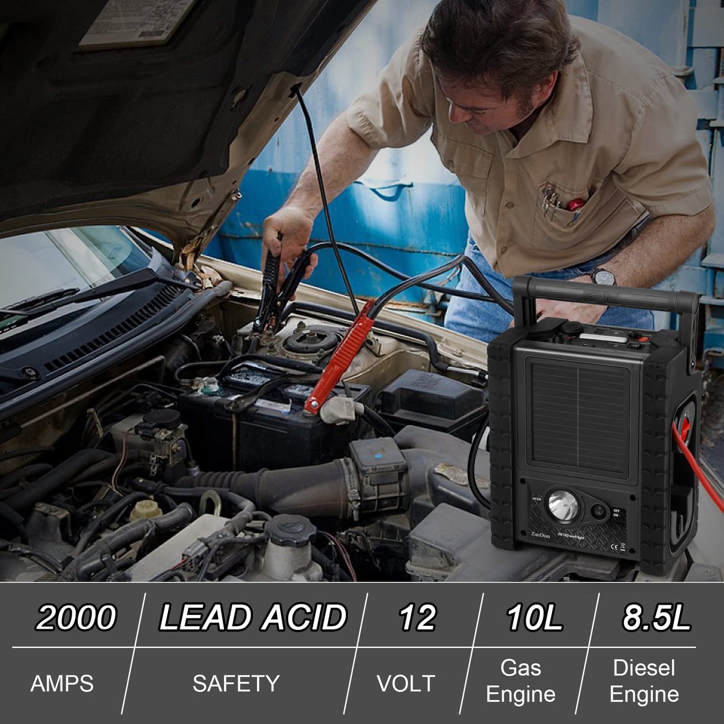 2000A Peak Car Battery Jump Starter with Air Compressor Tire Inflator, All in One Heavy Duty 12V Battery Jumper Box Car Start Booster Up to 10L Gas/8L Diesel Engines with 400W AC Inverter, LED Light