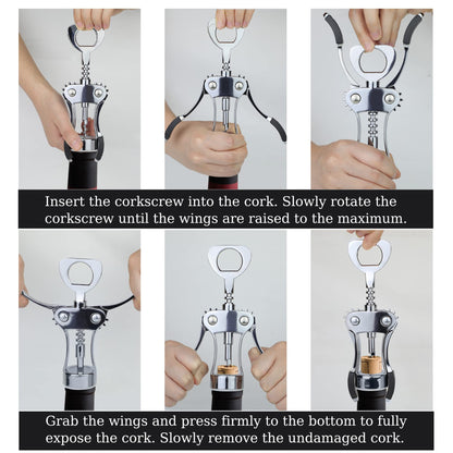 KORCCI Wine Opener, Heavy-Duty Zinc Alloy Wing Corkscrew, Premium Beer Bottle Opener, Multifunctional Wine Accessories with Ergonomic Handle and Sharp Screw, for Kitchen, Bar, Restaurant, Bartenders