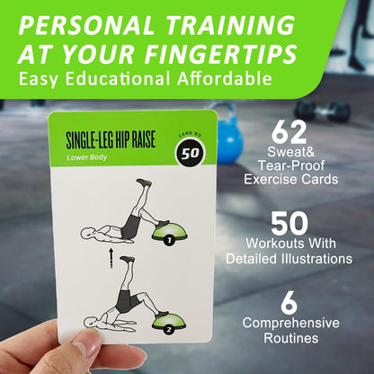 ELAORY Half Balance Ball Workout Cards, 62 Exercises Cards Deck Large Size 5" x 3.5" Fitness Cards for Women & Men, Beginner Fitness Guide to Training Exercises at Home or Gym