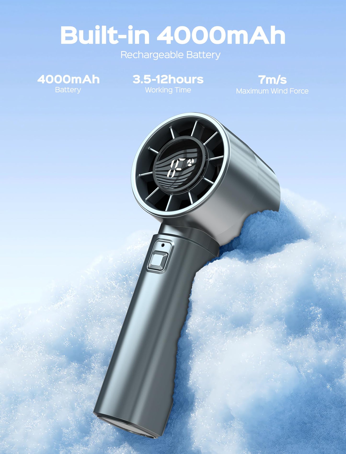 ERABAY Portable Handheld Fan, High Speed Cooling, 5 Speeds Adjustable, 4000mAh USB Rechargeable Mini Personal Hand Fan With Digital Display,Gifts for Women Men Travel/Camping/Outdoor-Dark Blue