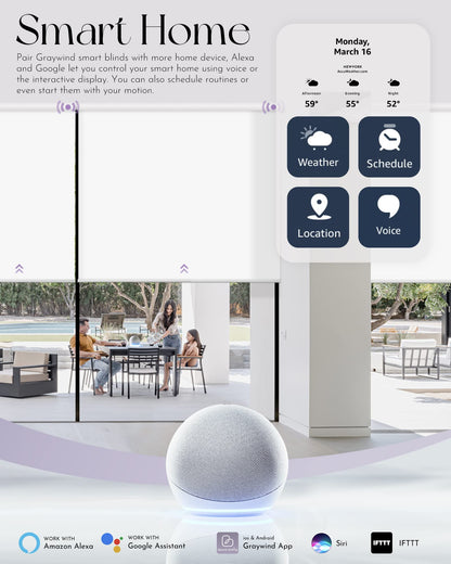 Graywind Motorized Solar Shades Compatible with Alexa Google Remote Electric Window Shade Fireproof Smart Roller Blinds with Valance for Home Office Patio, Custom Size (5% Openness White)