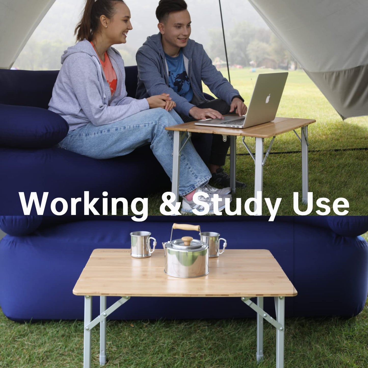 KingCamp Adjustable Height Folding Table, 4-Fold Bamboo Camping Outdoor Portable RV Camp Table with Carry Bag for Outdoor Car Backyard Picnic Tailgating Beach