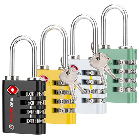 Forge Dual-Opening: Key or Combination Access Lock, TSA Approved Locks for Luggage, Pelican case, Travel, Gym, School, Stainless Steel Shackle. (Multi Color, 4 Pk)