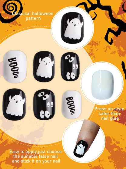Kalolary 144 PCS Halloween Kids False Nails, Press On Children Nails kids Full Cover Short Fake Fingernail Kit, Halloween kids Fake Nails with Skull Bat Ghost Pattern for Girls Nail Art Decoration