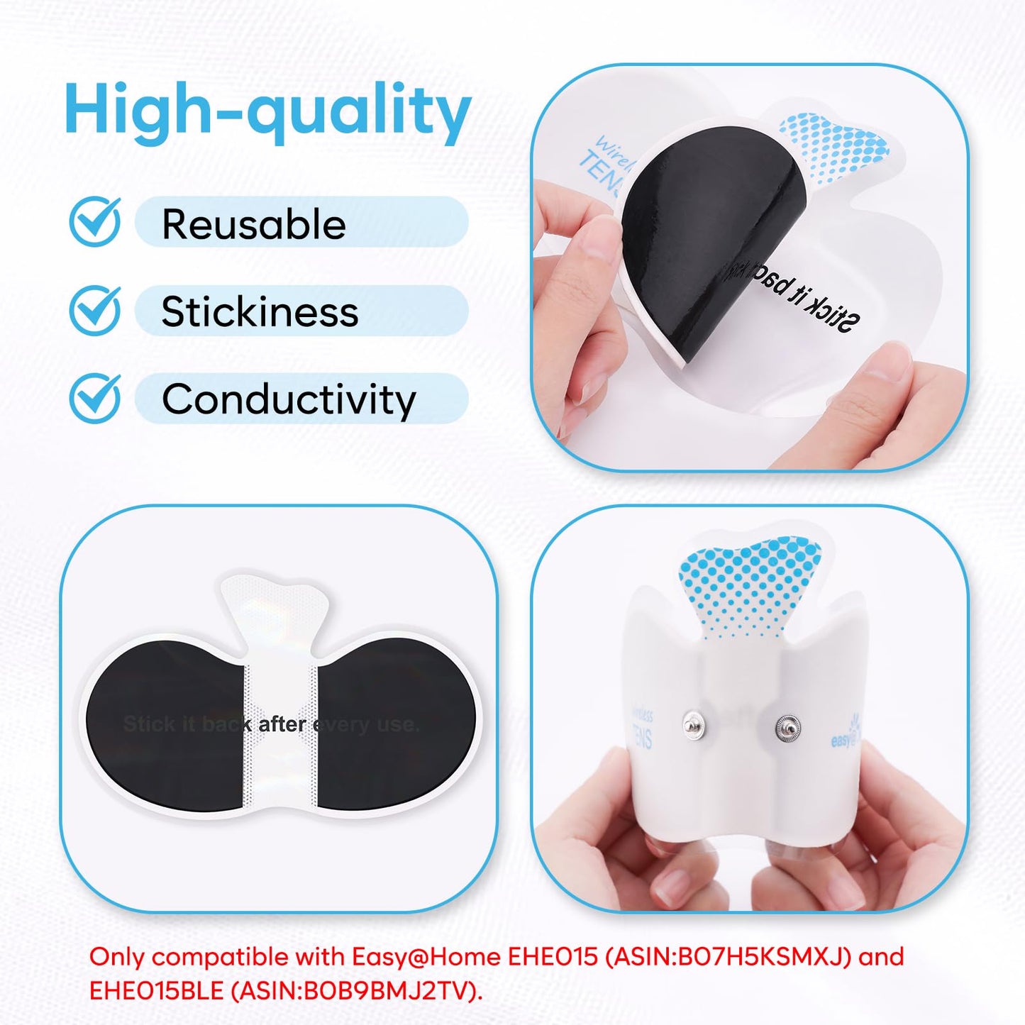 EASY@HOME Adhesive Electrode Pads: 4-Pack, 6.5" x 3", Reusable - Upgraded Conductive Area ETP015B