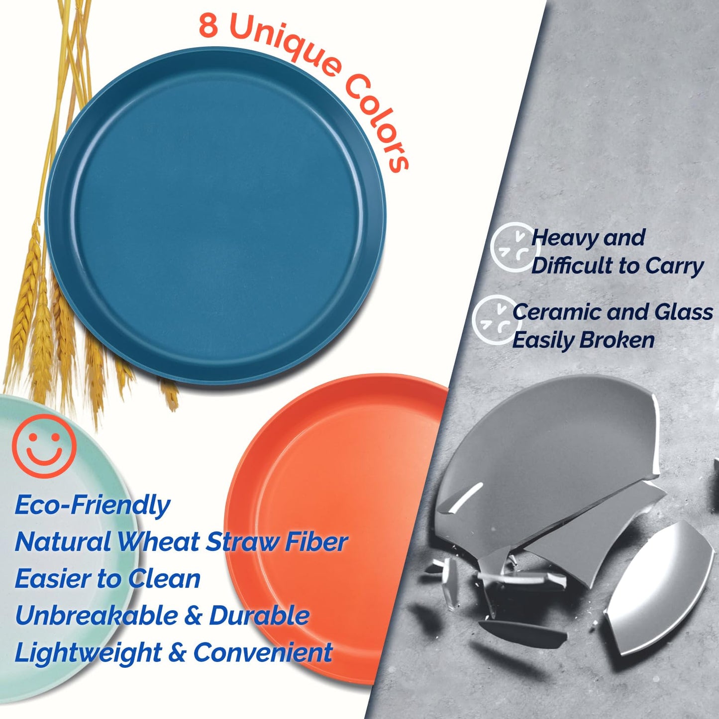 9 Inch Dinner Plates Set of 8 - BPA-Free Wheat Straw & Plastic Plates Lightweight Plate for Dessert,Pasta BPA Free, 8 Colors