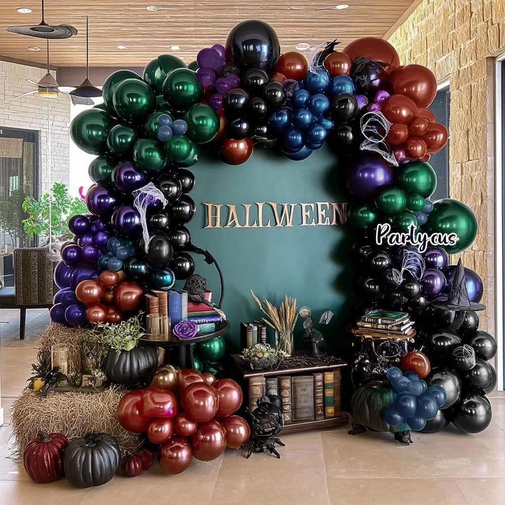 Halloween Balloon Arch Double Stuffed, Dark Green Navy Blue Burgundy Purple Black Balloon Garland Kit for Birthday Witch Gothic Spooky Magic School Party Decoration