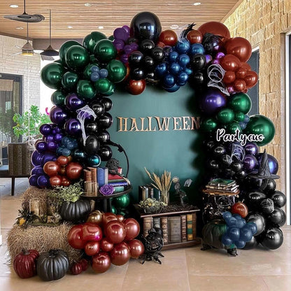 Halloween Balloon Arch Double Stuffed, Dark Green Navy Blue Burgundy Purple Black Balloon Garland Kit for Birthday Witch Gothic Spooky Magic School Party Decoration