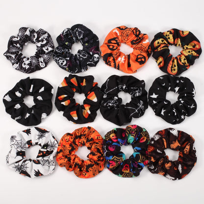Halloween Hair Scrunchies BOO Spooky Pumpkin Fall Scrunchies Skull Ghosts Bat Star Moon Candy Spider Web Skeleton Hair Ties for Women Girls Elastics Scrunchy Halloween Gifts Accessories 12 PCS