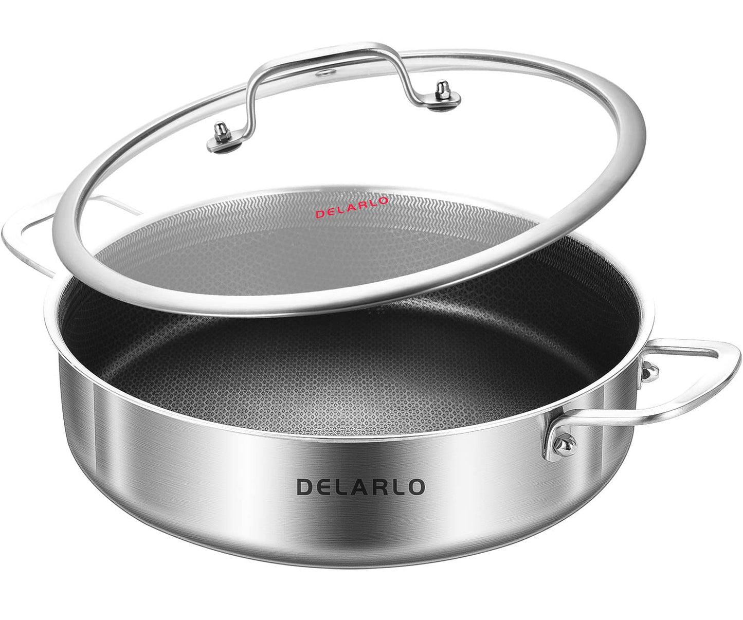 DELARLO Frying Pan,12 inch Skillet with lid,Tri-Ply Stainless Steel Saute Pan 6QT,Dishwasher-Friendly,Stay-Cool Handles,Oven-Safe Up to 660℉