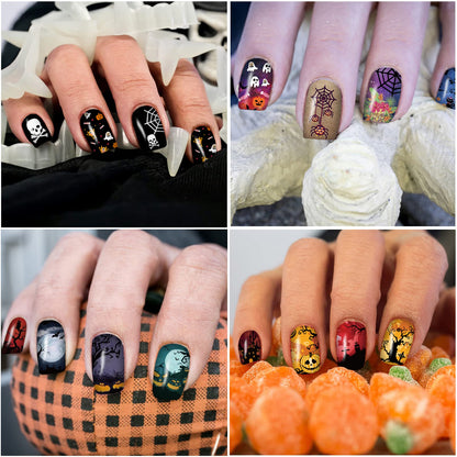12 Sheets Halloween Full Nail Wraps Stickers, Nail Polish Strips DIY Self-Adhesive Nail Art Decals Pumpkin Bat Ghost Spider Skull Pattern with 2 Piece Nail Files for Party Decor (168 Pieces)