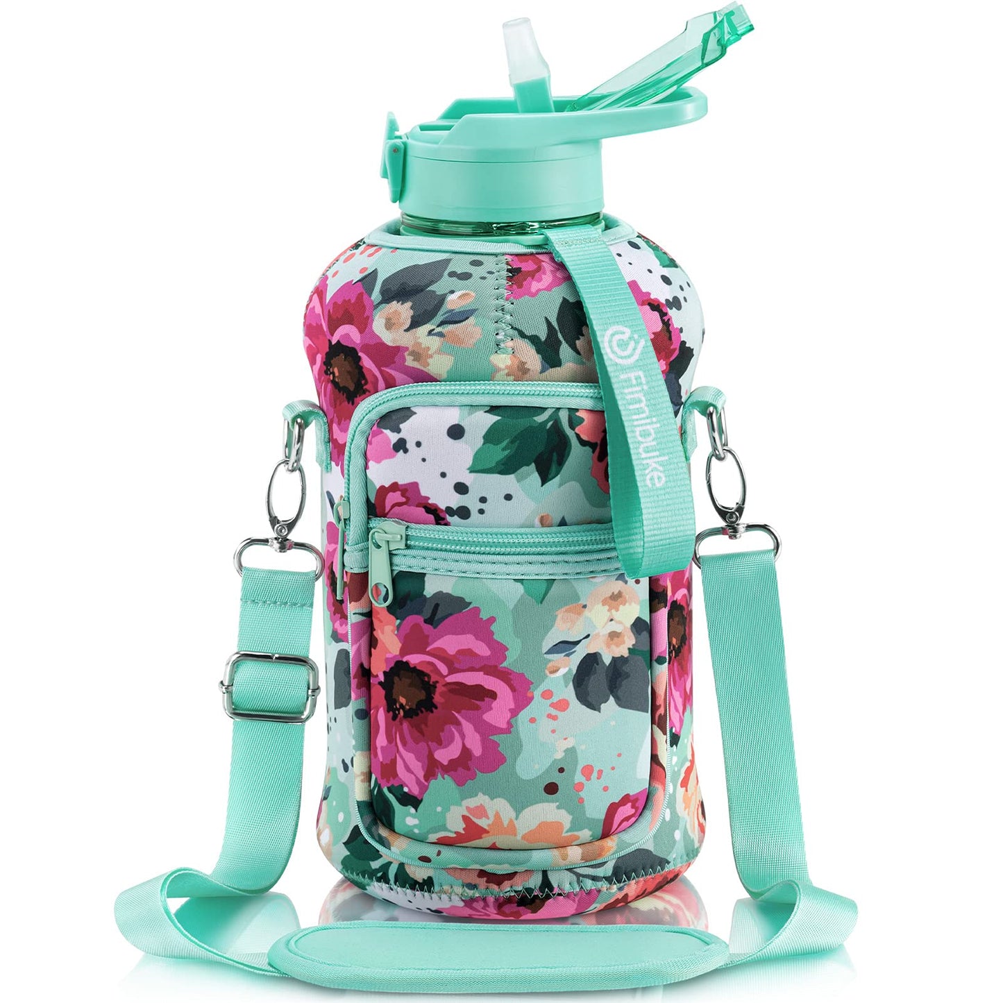Fimibuke Half Gallon Water Bottle with Sleeve 64 OZ Water Bottle with Handle & Straw Leakproof Motivational Sports Gym Water Bottle with Time Marker Water Jug with Neoprene Holder - Floral Bloom