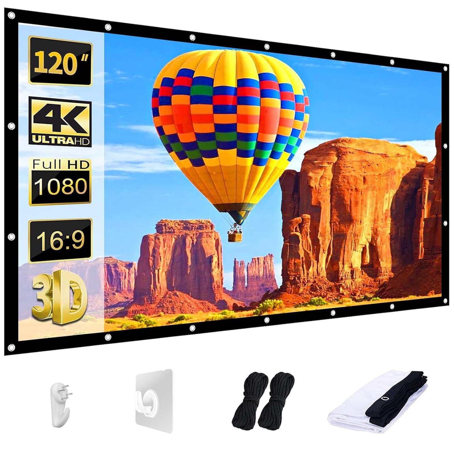 AAJK Projector Screen 120 inch, Washable Projector Screen 16:9 Foldable Anti-Crease Portable Projector Movies Screen for Home Theater Outdoor Indoor Support Double Sided Projection