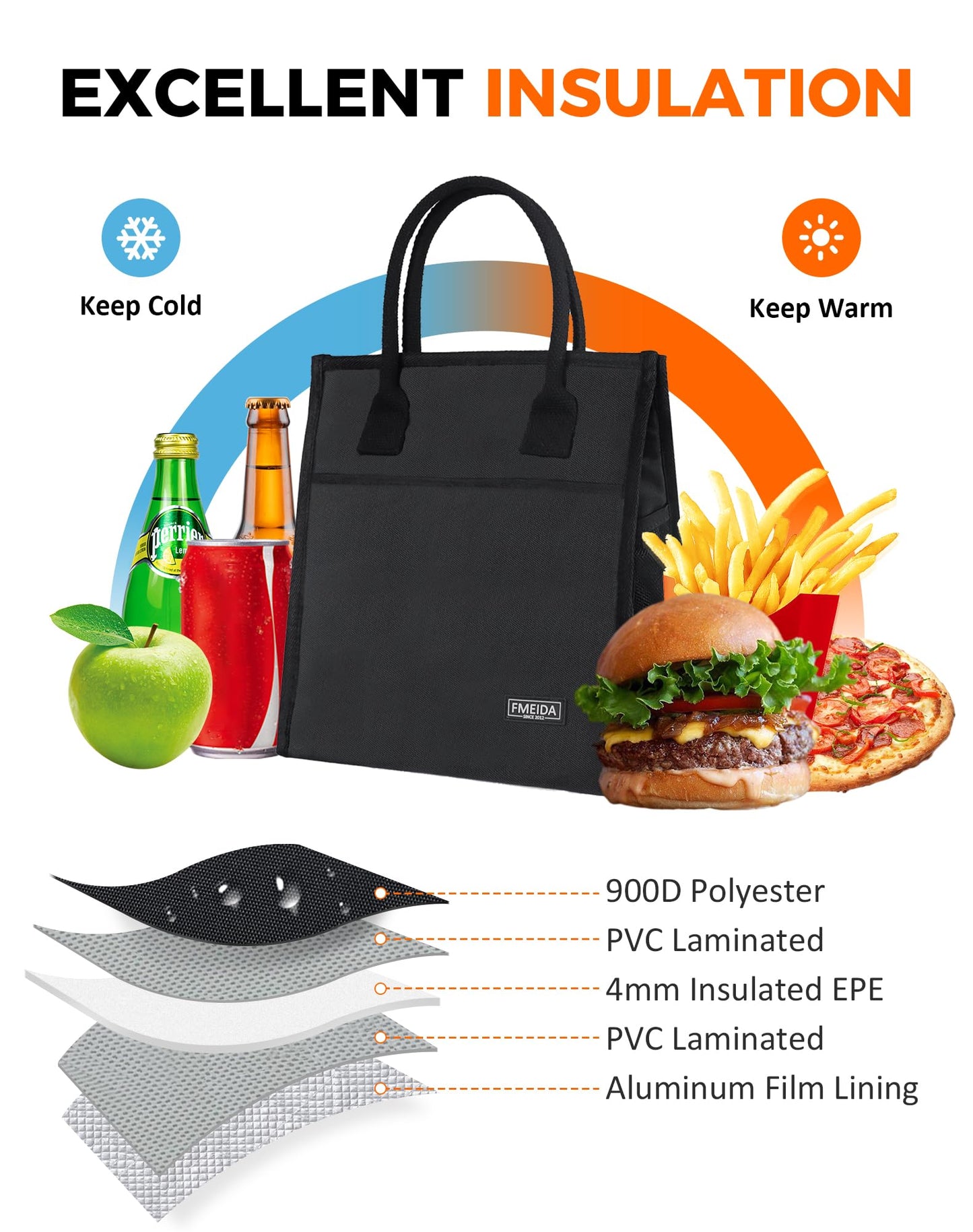 Fmeida Insulated Lunch Bag Women Men, 9L Large Lunch Bags with Multiple Pockets, Reusable Thermal Cooler Tote for Work, Office, Picnic, Travel | Hook and Loop Closure, Black