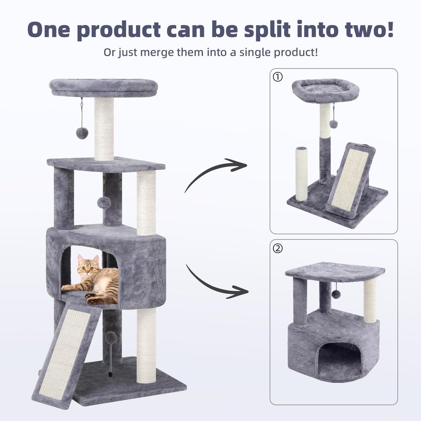 HUITREE 45in Cat Tree Tower with Big Condo for Indoor Kitten,Cat Tower with Scratching Post,Scratching Board and Cat Toys,Multi-Level,Small Space,Transformer Cat Tree, Grey(New)