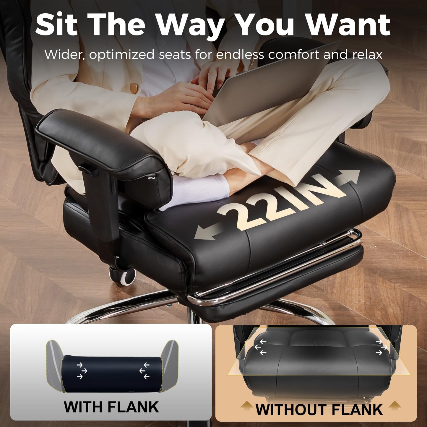 COMHOMA Big and Tall Office Chair 400lbs High Back Computer Gaming Chair with Ergonomic Lumbar Support & Pocket Spring Cushion for Lower Back Pain Relief, Leather Executive Chair with Foot Rest, Black