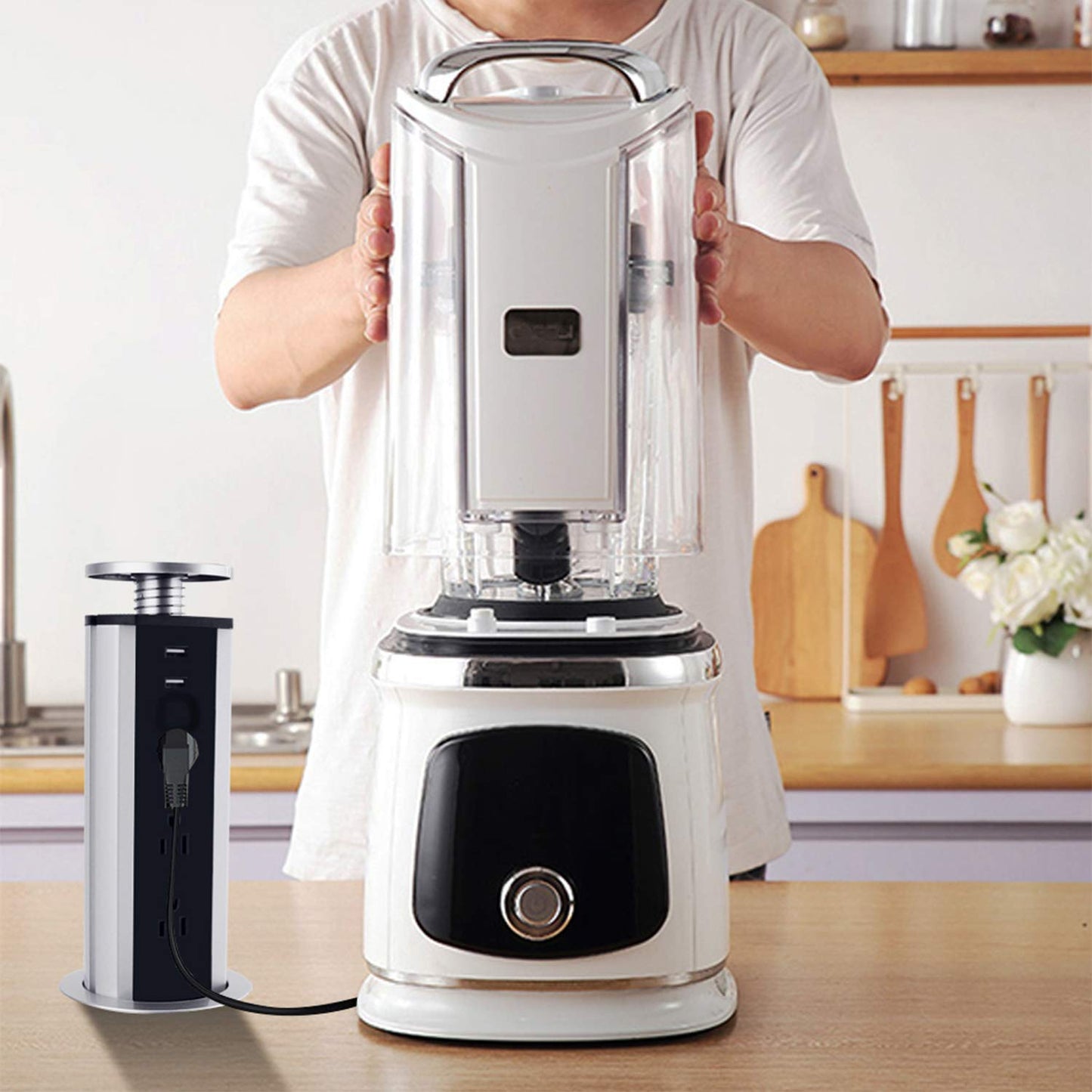 Kungfuking Pop Up Outlet Socket Recessed Retractable Power Strip Charging Station with 3 US Plug and 2 USB Ports for Kitchen Counter Island Conference Office, Black