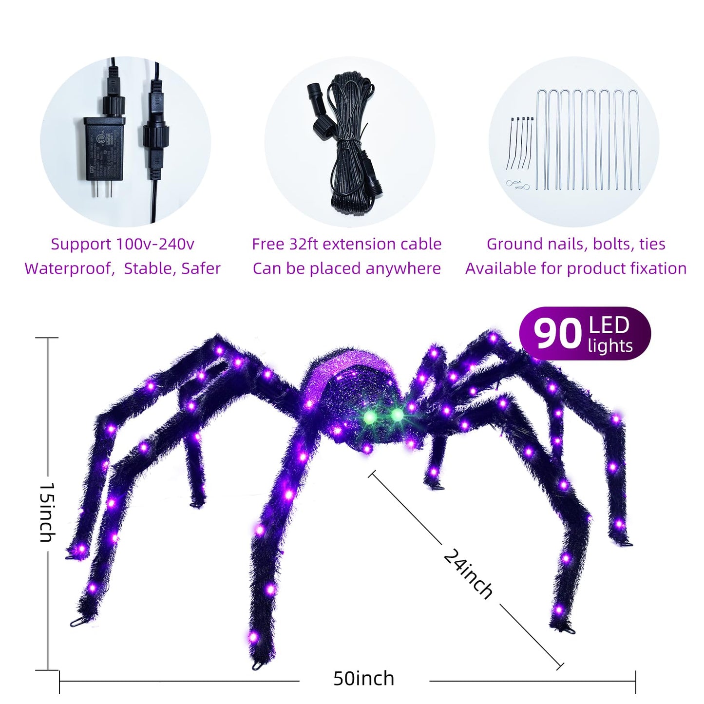Halloween Decorations Outside Giant Spider - HOYECHI Outdoor Halloween Decor Lighted Spider 4.2FT, Light Up Spider with 90 LED Lights, Ground Stakes, for Front Yard Porch Gardens Lawns Party
