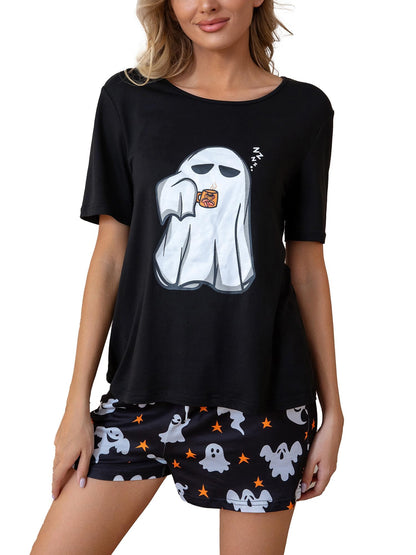 Leevuyu Halloween Pajamas Women Scream Pajamas Ghost Short Sleeve Tees and Shorts Halloween Pjs Pajama Set Black L