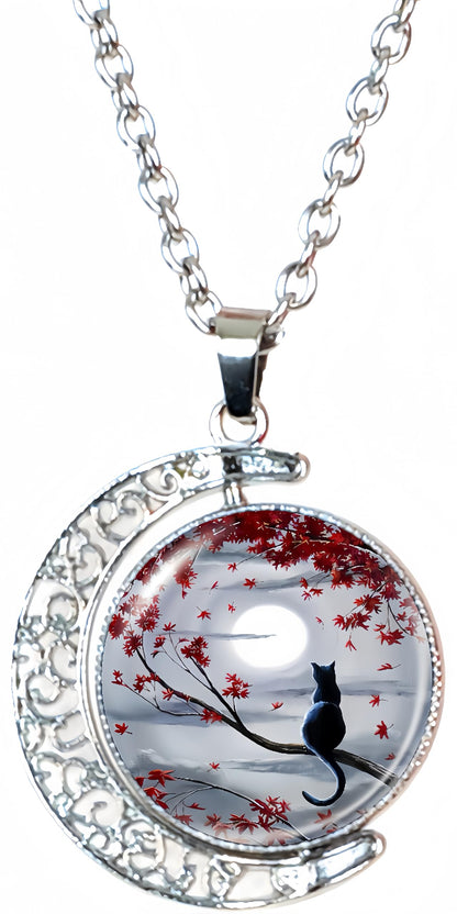 DEQIYIJI Cat Gifts Cute Black Cat Moon Pendant Necklace Jewelry For Women Cat Lovers Stuff Silver