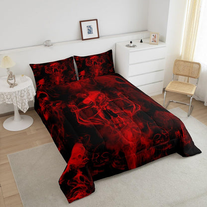 Gothic Skull Bedding Set Red and Black Skeleton Comforter Set Queen For Kids Boys Teen Men,Psychedelic Goth Skull Quilted Duvet Trippy Smoke Halloween Horror Down Comforter Bedroom Decor 2 Pillowcases