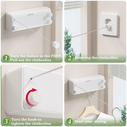 Danpoo Retractable Clothesline Indoor/Outdoor, Clothes Line Retracting Indoor, Double Clothes Lines for Hanging Clothes with 13.8 Ft Steel Wire, Laundry Line, Clothes Drying Line, White