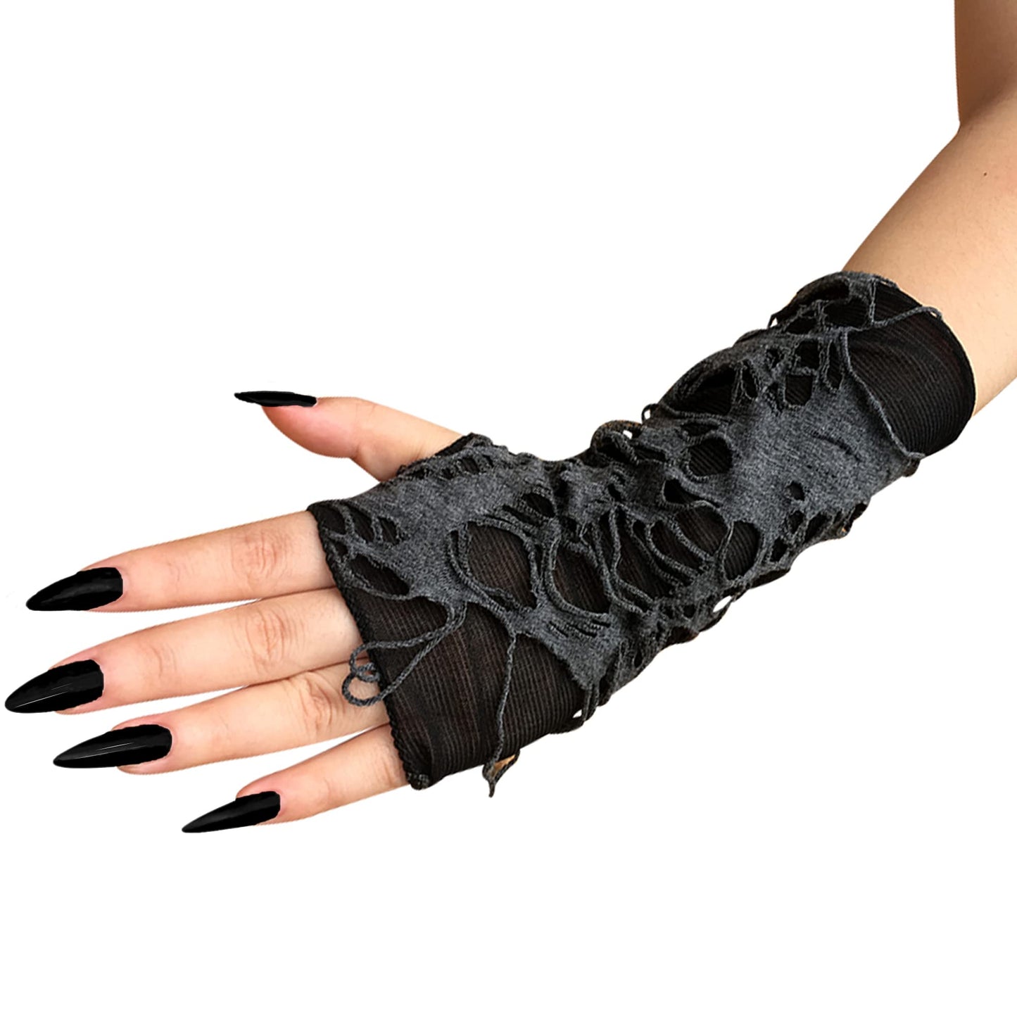JISEN Women Punk Fingerless Gloves Ripped Cosplay Gothic Mittens for Halloween Costume Party E-Black