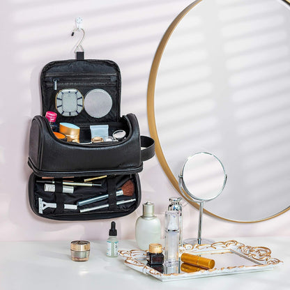 Elviros Toiletry Bag for Mens PU Leather Travel Organizer Kit with Hanging hook, Large Water-resistant Toiletries Bathroom Shaving Bags (Black)