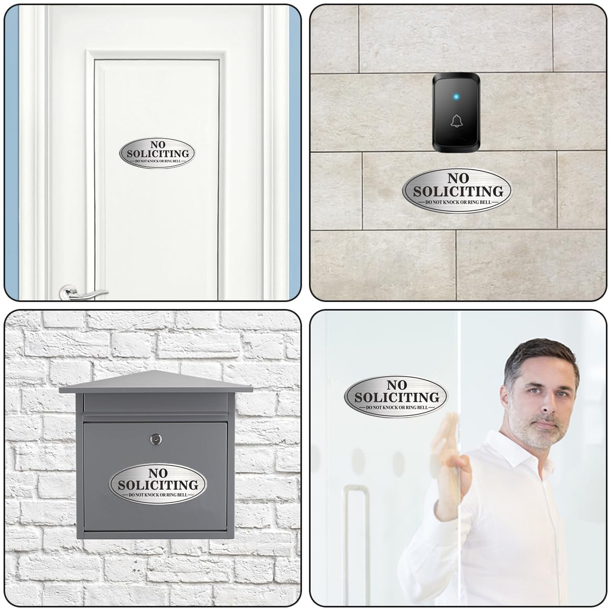 No Soliciting Sign, 2 Pack Self-Adhesive Aluminum Metal No Solitation Do Not Knock or Ring Bell Sign, 7.0 x 3.0 inches Fade Resistang Signs for Office and Home (Brushed Nickel/Black)