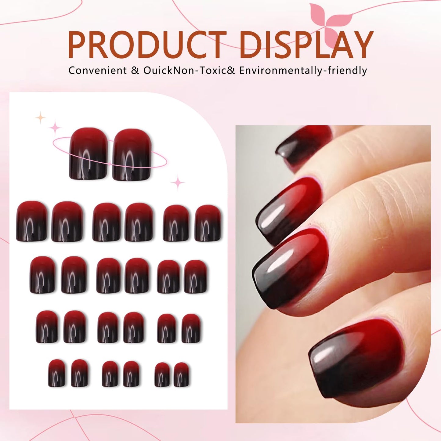Halloween Red & Black Gradient Press on Nails Short Square Shaped False Nails Designs Glossy Reusable Fake Nails Full Cover Acrylic Nails Halloween Stick on Nails for Women DIY Manicure 24 Pcs