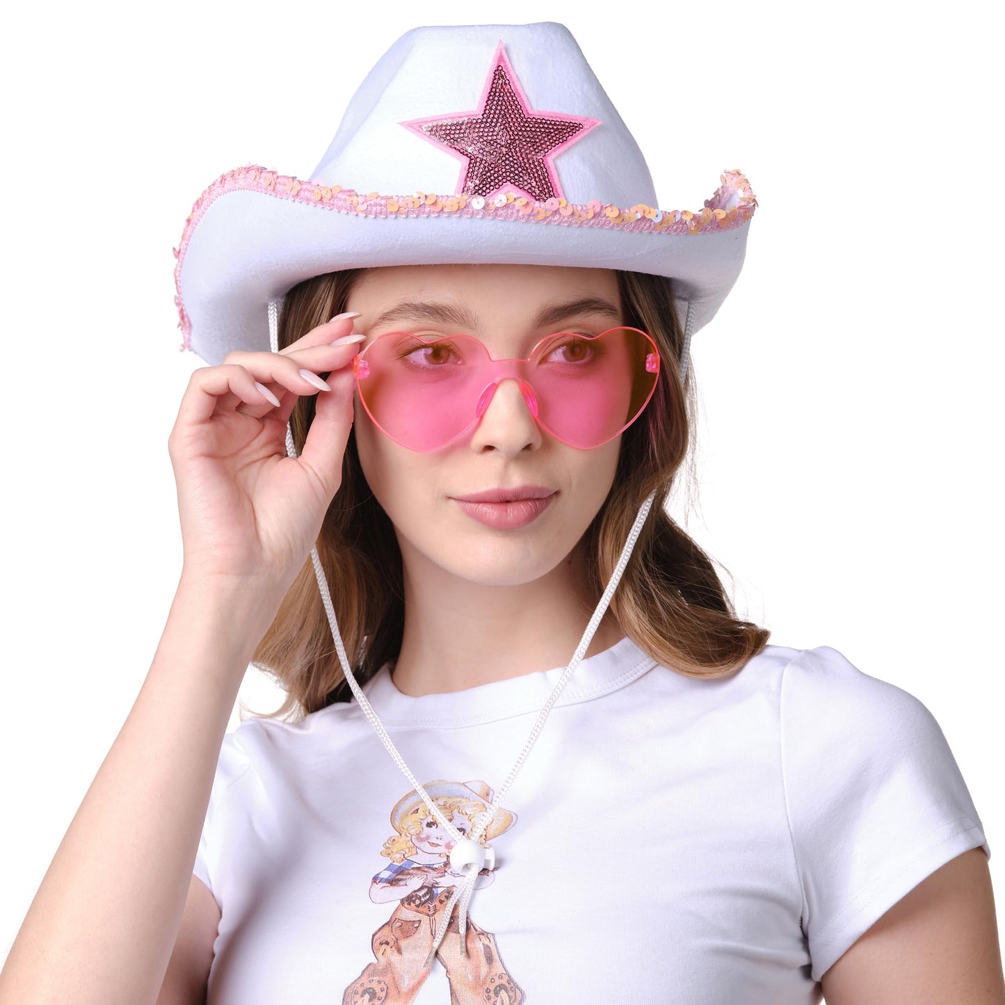 Funcredible White Cowboy Hat and Glasses - Preppy Cowgirl Hat with Star - Sparkly Cowboy Hats - Cowgirl Outfit Accessories for Women and Girls