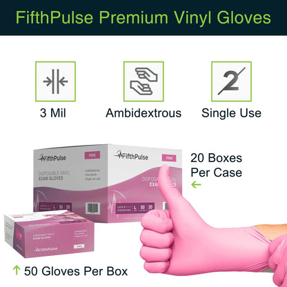 FifthPulse Pink Vinyl Disposable Gloves Medium 50 Pack - Latex Free,Powder Free Medical Exam Gloves - Surgical,Home,Cleaning,and Food Gloves - 3 Mil Thickness,Medium