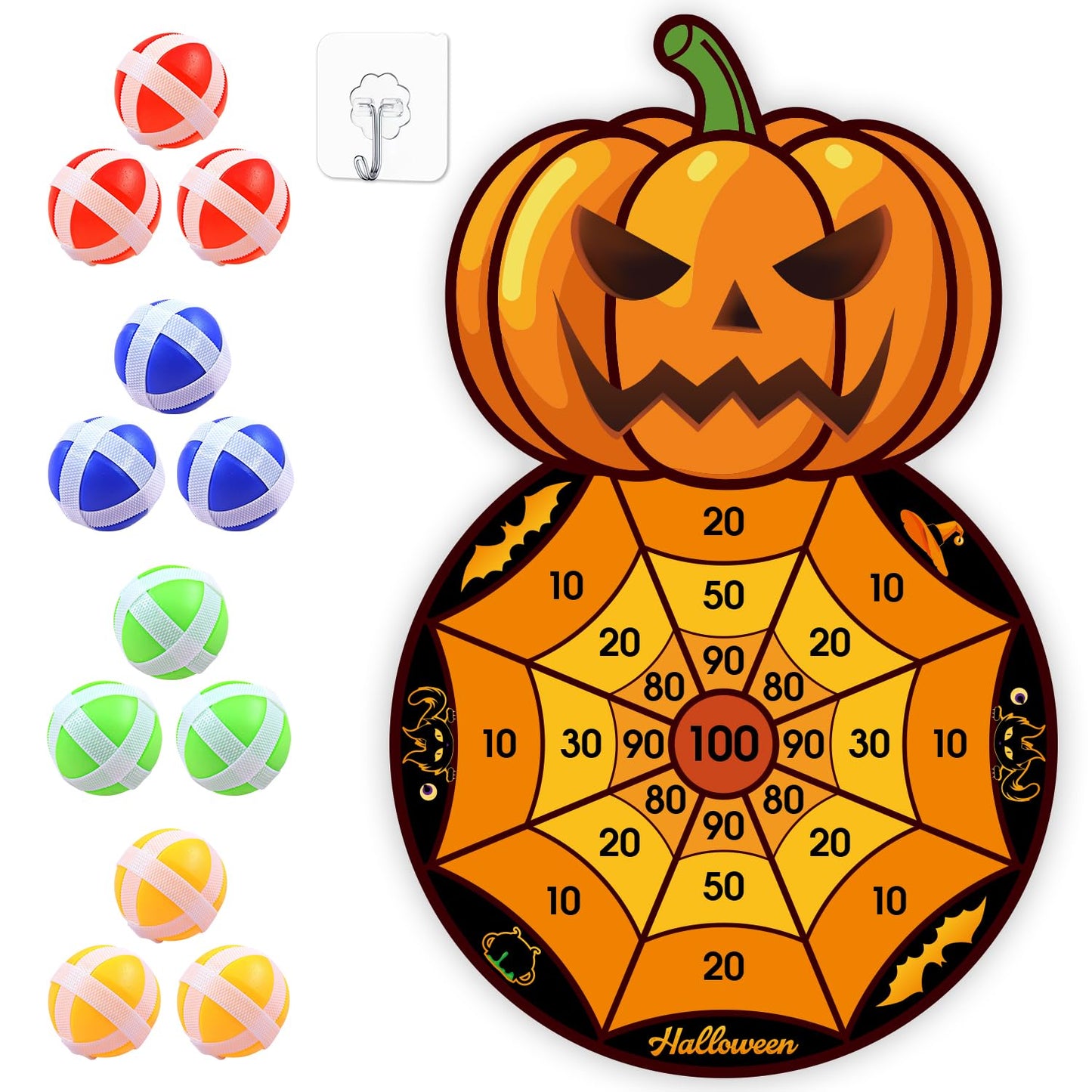 Halloween Party Games, Pumpkin Bat Black Cat Skeleton Witch Hat Dart Board with 12 Sticky Balls, Halloween Activities,Trunk or Treat Games for Party,Halloween Party Supplies Indoor Outdoor Decorations