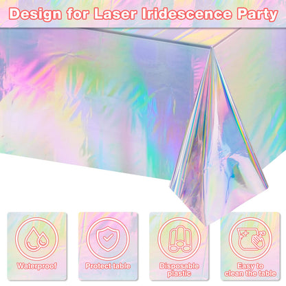FunnyPars 4 Pack Iridescent Plastic Tablecloths Shiny Disposable Laser Rectangle Table Covers Holographic Foil Tablecloth Iridescent Party Decoration