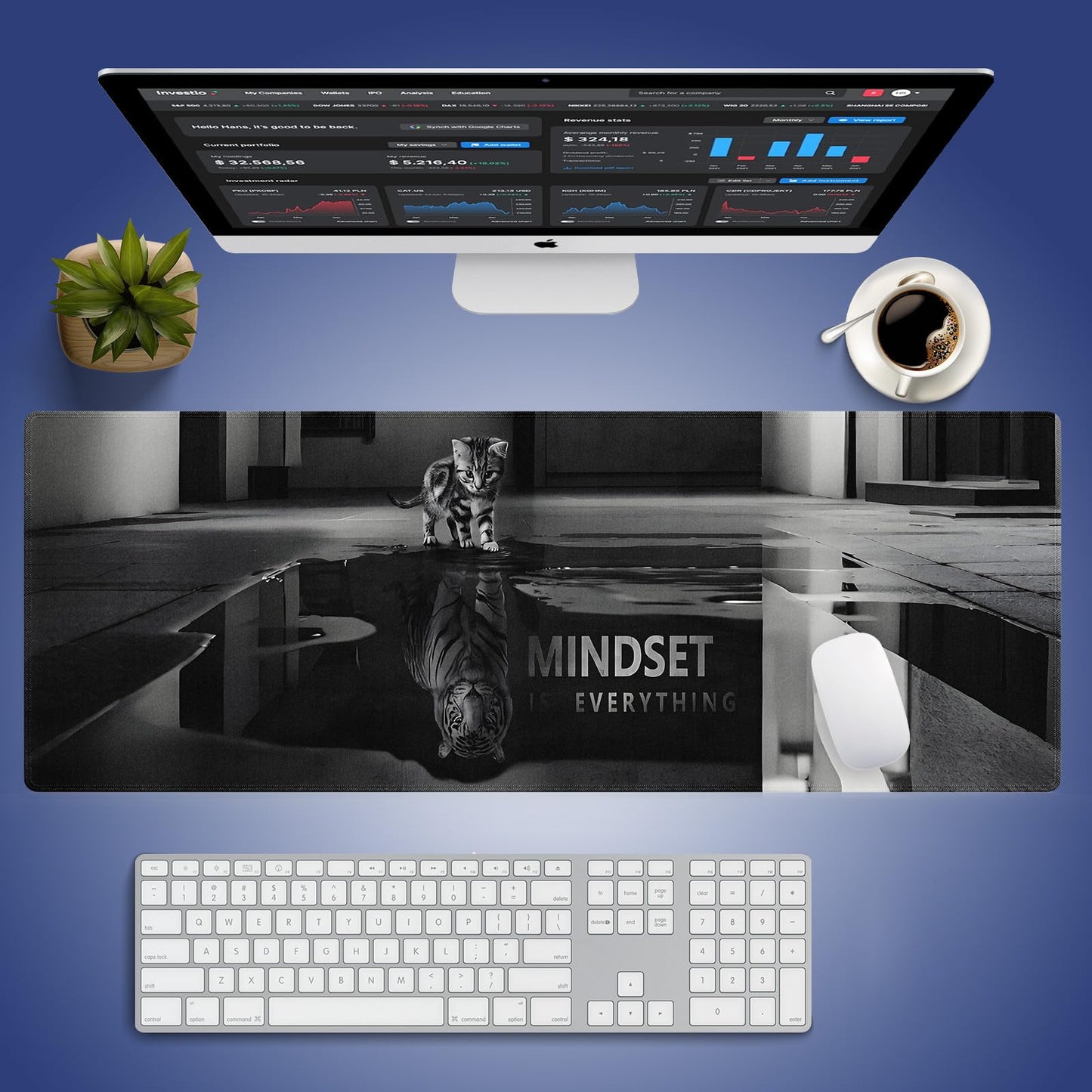 Extended XXL Gaming Mouse Pad with Stitched Edges for Home & Office - Mindset is Everything Inspirational Quote & Cute Cat Funny Tiger Reflection, Smooth Fabric Surface Anti-Slip Base Large Desk Mat