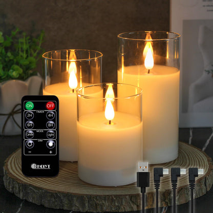 LEDHOLYT Rechargeable Flameless Candle, Flashing LED Pillar Real Wax Candle with Remote Control and Timer, Clear Glass Electronic Candles for Room Decoration, 1 Set of 3