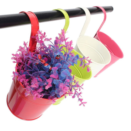 KINGLAKE Flower Pots,10 Pcs Metal Iron Hanging Flower Plant Pots Balcony Garden Plant Planter Baskets Fence Bucket Pot 4'' Flower Holders with Detachable Hook