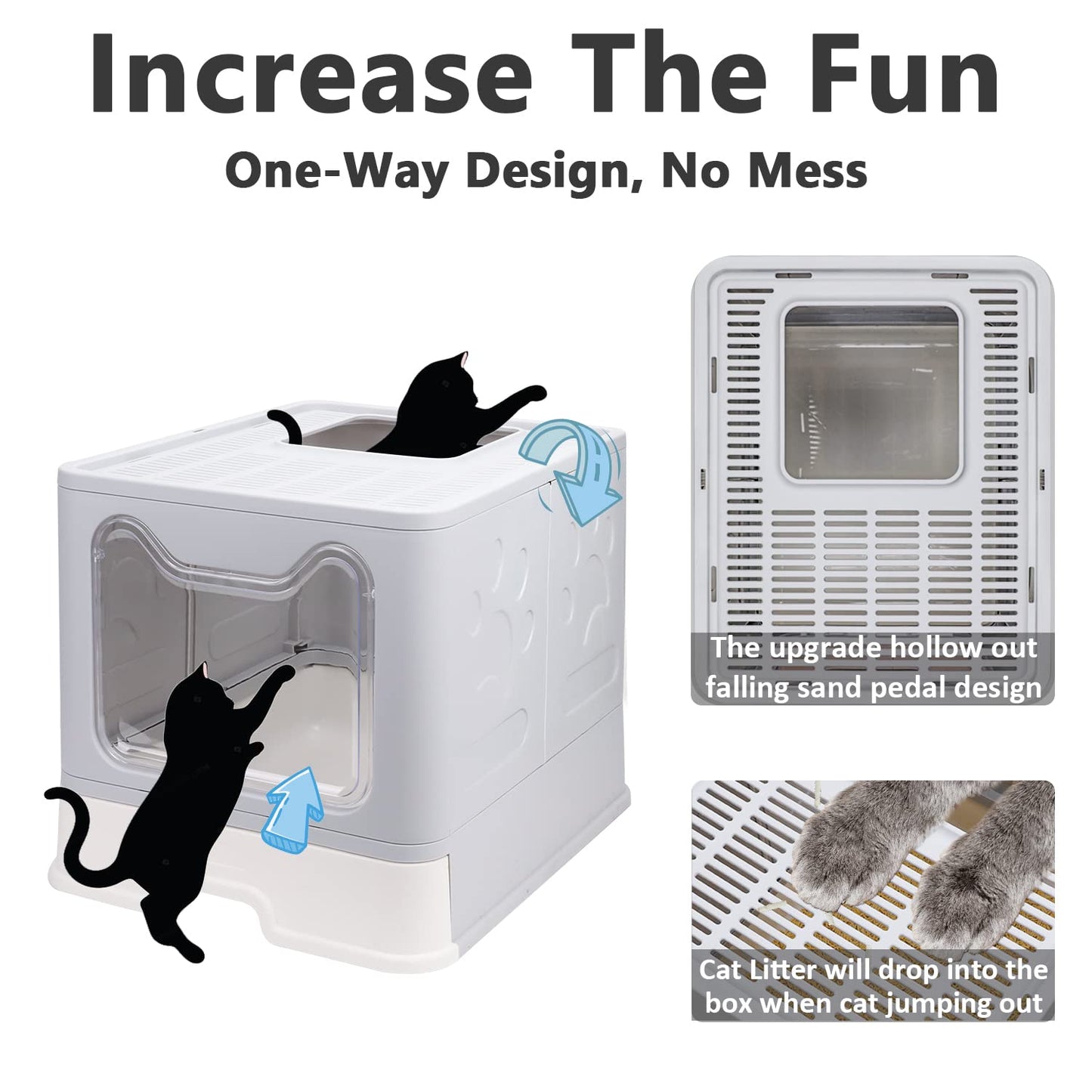 Foldable Cat Litter Box with Lid, Enclosed Potty, Large Top Entry Anti-Splashing Toilet, Easy to Clean Including Litter Scoop and 2-in-1 Cleaning Brush (Grey)