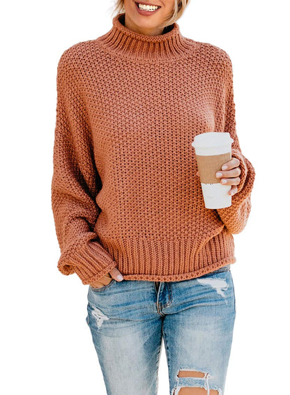 Dokotoo Fall Sweaters for Women 2025 Batwing Long Sleeve Turtleneck Sweaters Solid Autumn Basic Casual Halloween Sweaters Loose Oversized Chunky Knit Pullovers Sweaters Jumper Orange Blouses Medium